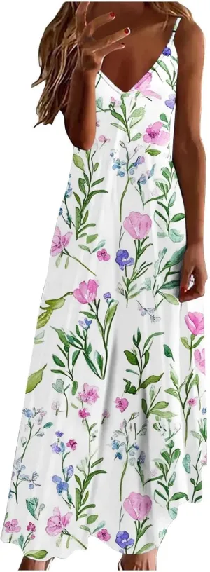 Womens Floral Sundresses Spaghetti Strap Summer Dresses Sleeveless V Neck Maxi Dress Sexy A Line Beach Cami Dress