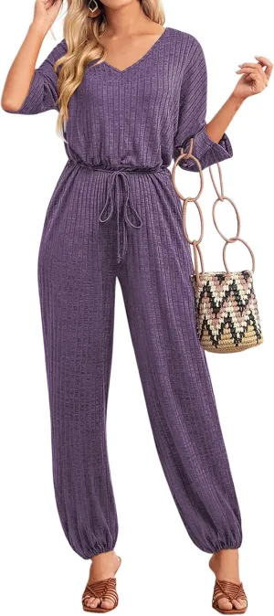 Women's Jumpsuits Casual Elbow Sleeve V Neck Elastic Waist Long Rompers with Pockets
