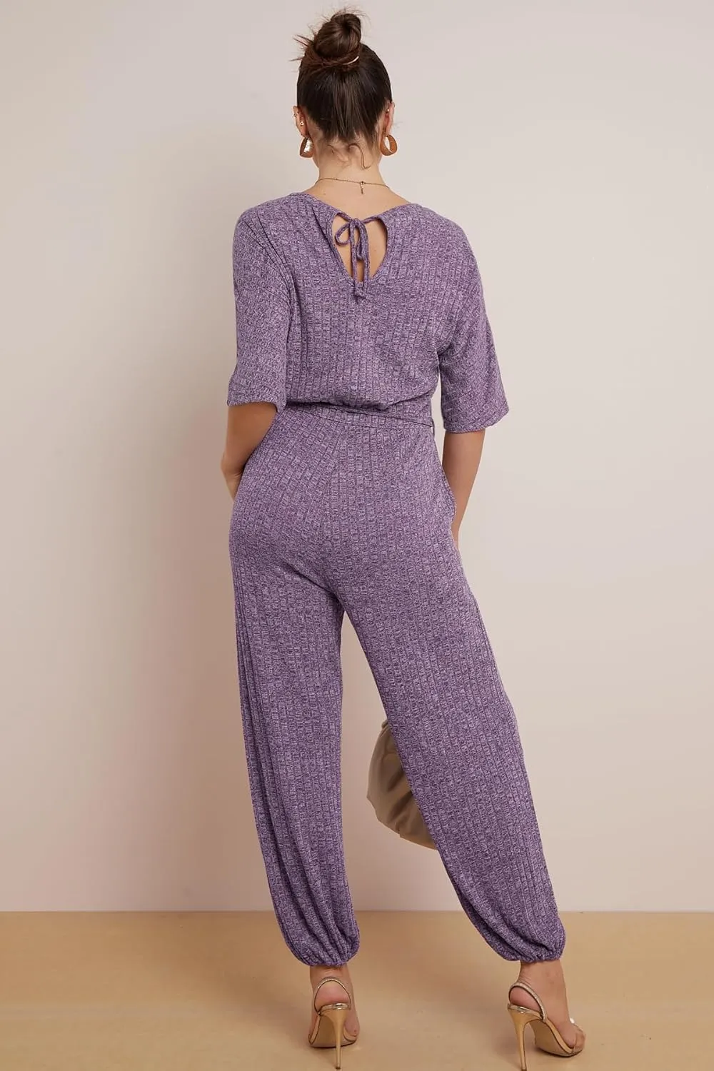 Women's Jumpsuits Casual Elbow Sleeve V Neck Elastic Waist Long Rompers with Pockets