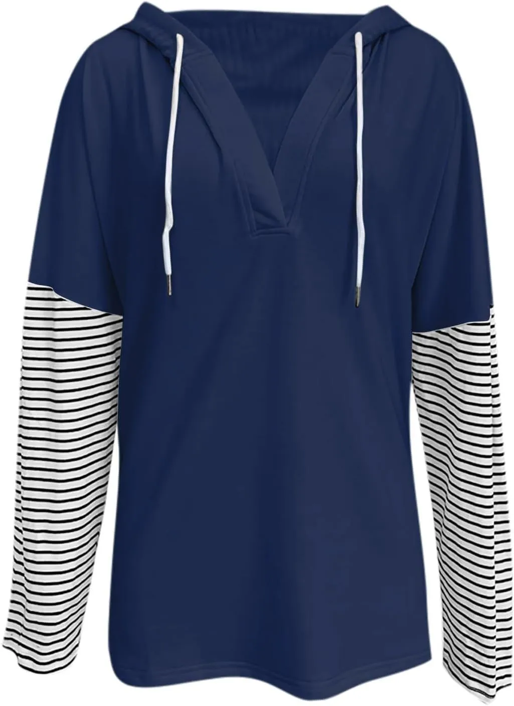 Womens Oversized Sweatshirt Striped Color Block Hoodies Drawstring Casual V Neck Long Sleeve Pullover Tops