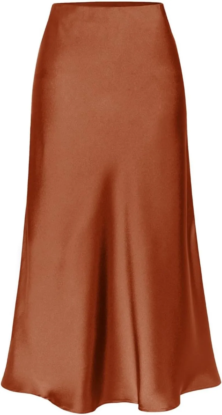 Womens Satin Skirts Casual Silk Midi Skirt High Waisted Long Skirts Elegant Work Skirts Midi Dress for Women