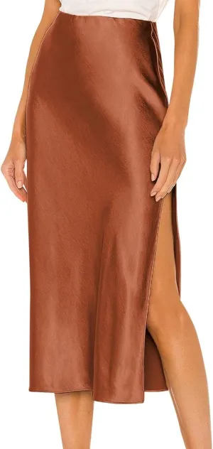 Womens Satin Skirts Casual Silk Midi Skirt High Waisted Long Skirts Elegant Work Skirts Midi Dress for Women