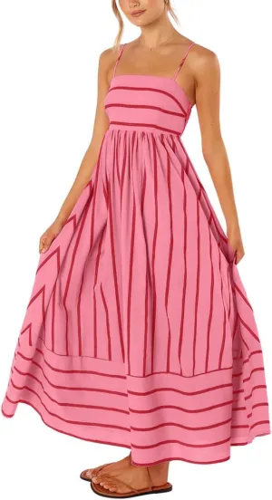 Women's Sexy Spaghetti Strap Striped Maxi Dress Cutout Smocked Back Flowy Swing Beach Sundress