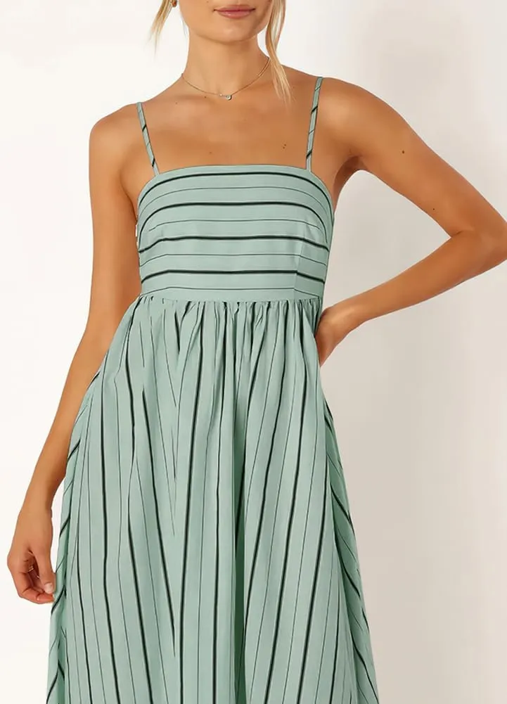 Women's Sexy Spaghetti Strap Striped Maxi Dress Cutout Smocked Back Flowy Swing Beach Sundress