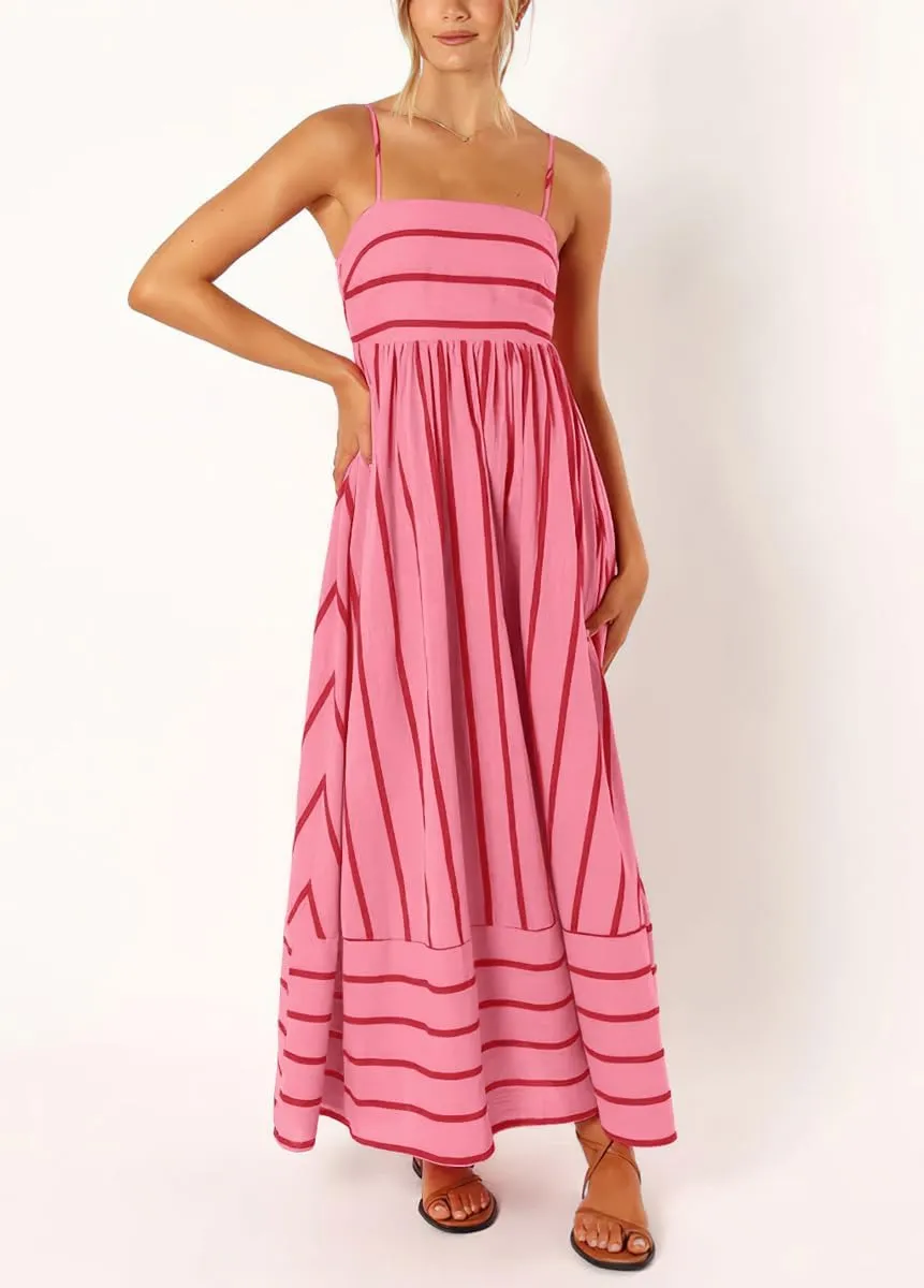 Women's Sexy Spaghetti Strap Striped Maxi Dress Cutout Smocked Back Flowy Swing Beach Sundress