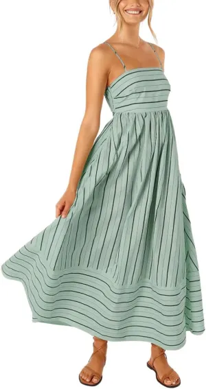 Women's Sexy Spaghetti Strap Striped Maxi Dress Cutout Smocked Back Flowy Swing Beach Sundress