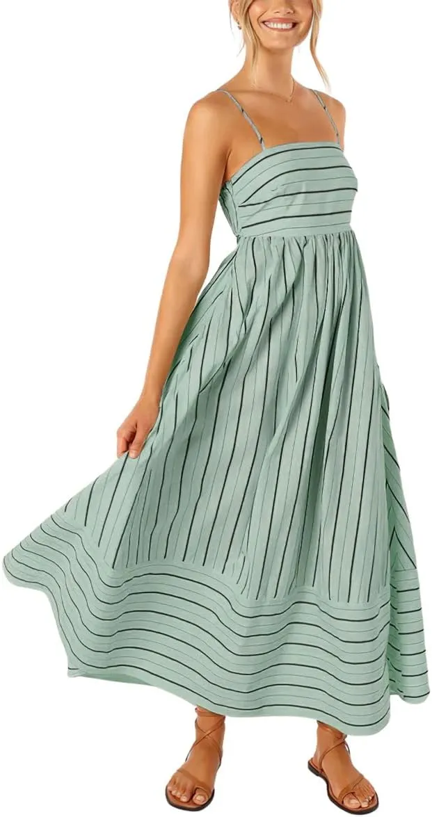Women's Sexy Spaghetti Strap Striped Maxi Dress Cutout Smocked Back Flowy Swing Beach Sundress