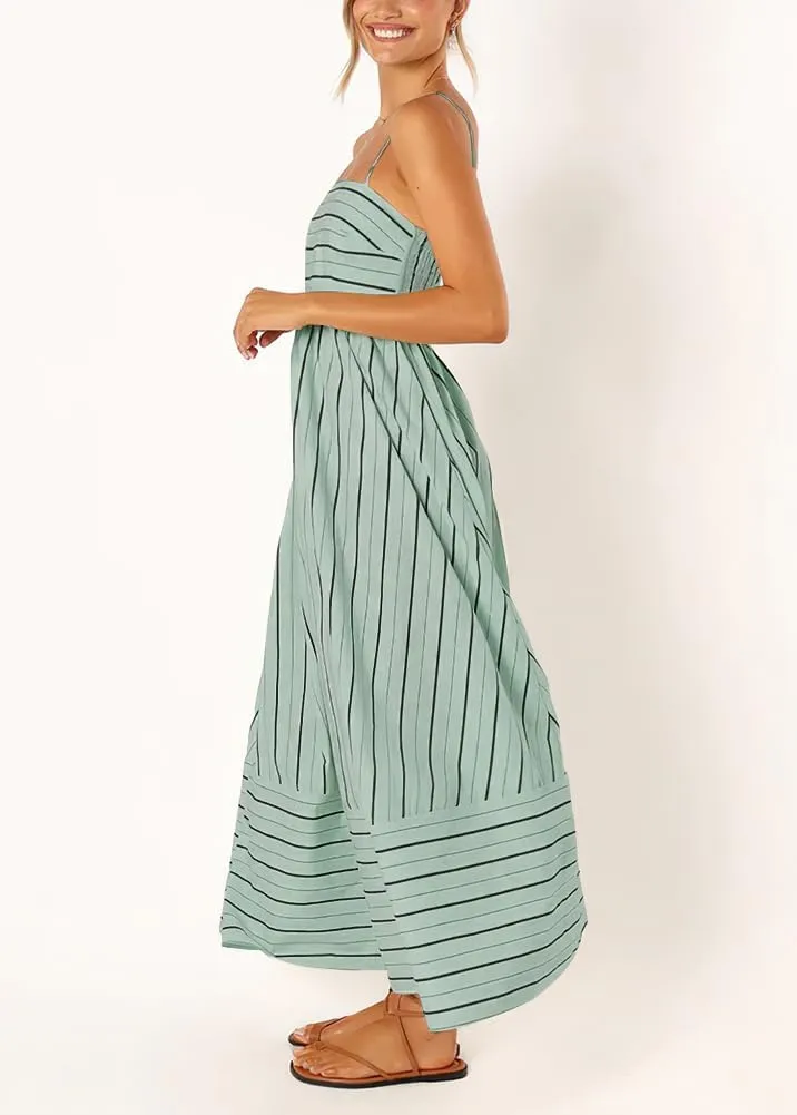 Women's Sexy Spaghetti Strap Striped Maxi Dress Cutout Smocked Back Flowy Swing Beach Sundress