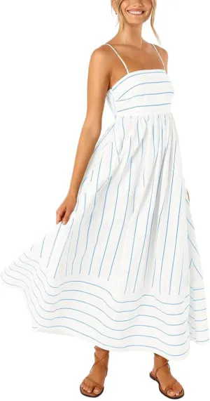 Women's Sexy Spaghetti Strap Striped Maxi Dress Cutout Smocked Back Flowy Swing Beach Sundress