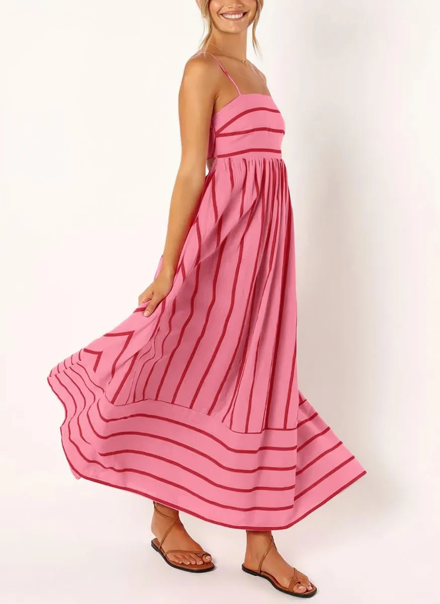 Women's Sexy Spaghetti Strap Striped Maxi Dress Cutout Smocked Back Flowy Swing Beach Sundress