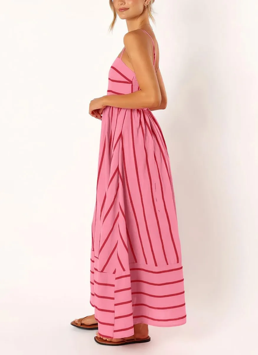 Women's Sexy Spaghetti Strap Striped Maxi Dress Cutout Smocked Back Flowy Swing Beach Sundress