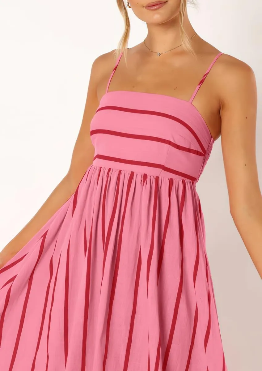Women's Sexy Spaghetti Strap Striped Maxi Dress Cutout Smocked Back Flowy Swing Beach Sundress