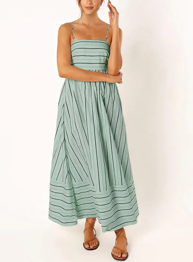 Women's Sexy Spaghetti Strap Striped Maxi Dress Cutout Smocked Back Flowy Swing Beach Sundress