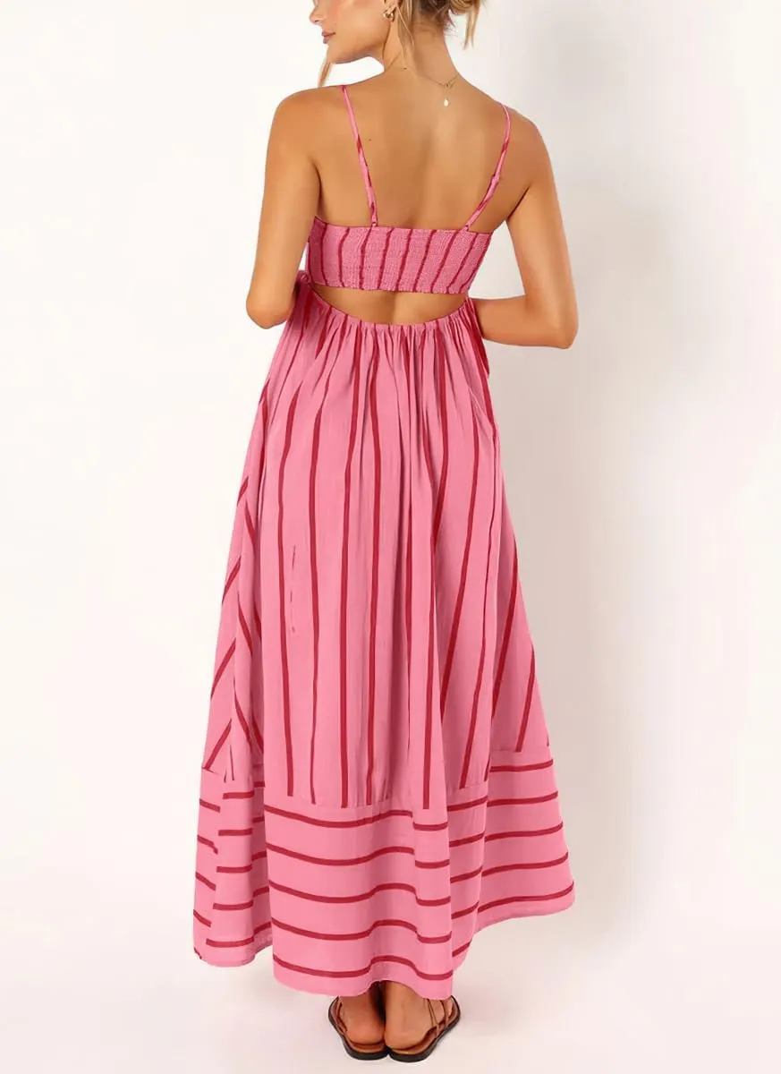 Women's Sexy Spaghetti Strap Striped Maxi Dress Cutout Smocked Back Flowy Swing Beach Sundress
