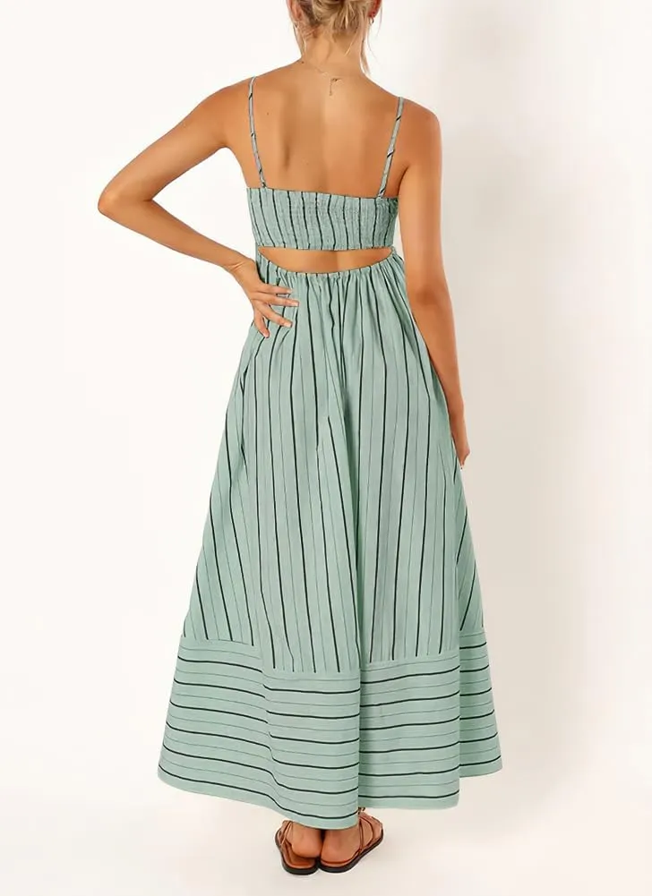 Women's Sexy Spaghetti Strap Striped Maxi Dress Cutout Smocked Back Flowy Swing Beach Sundress