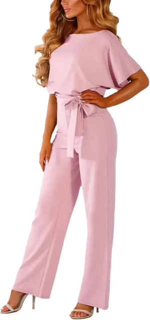 Women's Short Sleeve Jumpsuits Belted Wide Leg Long Pant Romper
