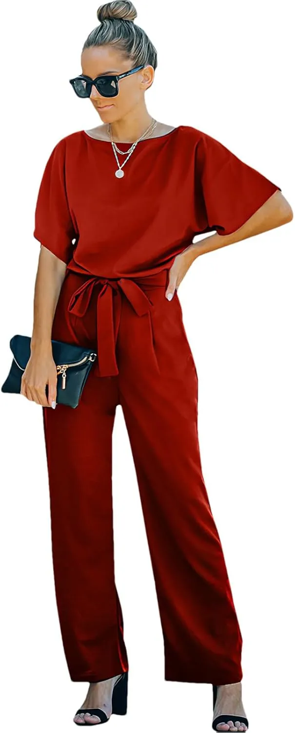 Women's Short Sleeve Jumpsuits Belted Wide Leg Long Pant Romper