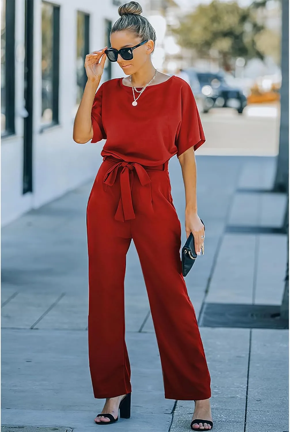 Women's Short Sleeve Jumpsuits Belted Wide Leg Long Pant Romper