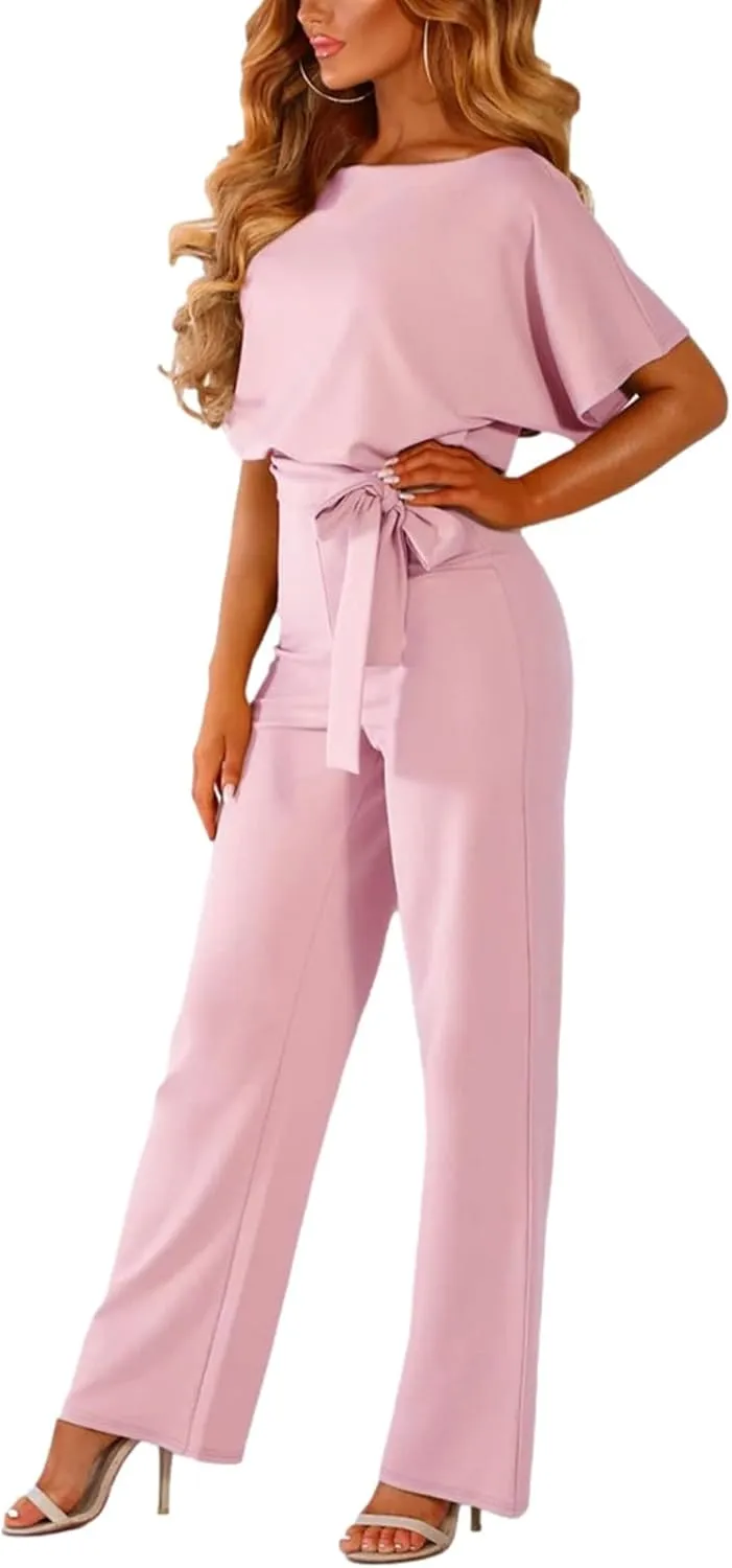 Women's Short Sleeve Jumpsuits Belted Wide Leg Long Pant Romper
