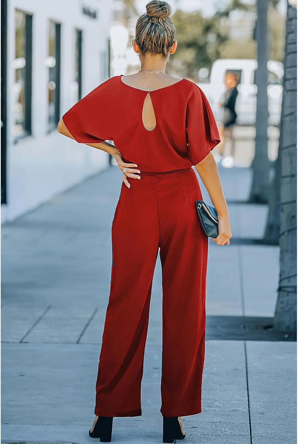 Women's Short Sleeve Jumpsuits Belted Wide Leg Long Pant Romper
