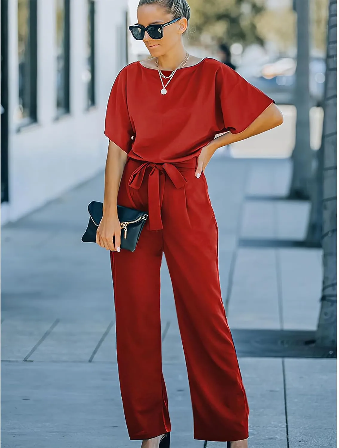 Women's Short Sleeve Jumpsuits Belted Wide Leg Long Pant Romper