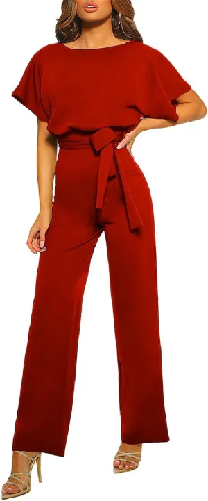Women's Short Sleeve Jumpsuits Belted Wide Leg Long Pant Romper