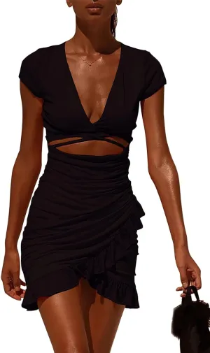Women's Short Sleeve Summer Bodycon Short Dress Casual Stretchy Ruched Crew Neck T Shirt Short Mini Dress