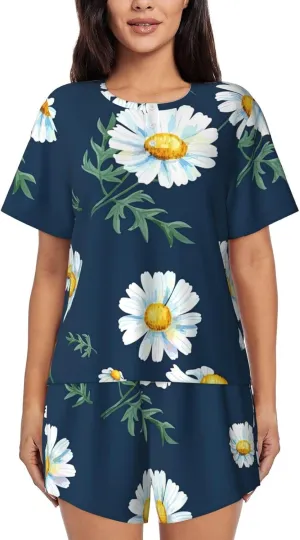Women's Short-Sleeved Pajama Set - daisy' Print Button Down Loungewear, Breathable Sleepwear, Comfortable Casual Wear
