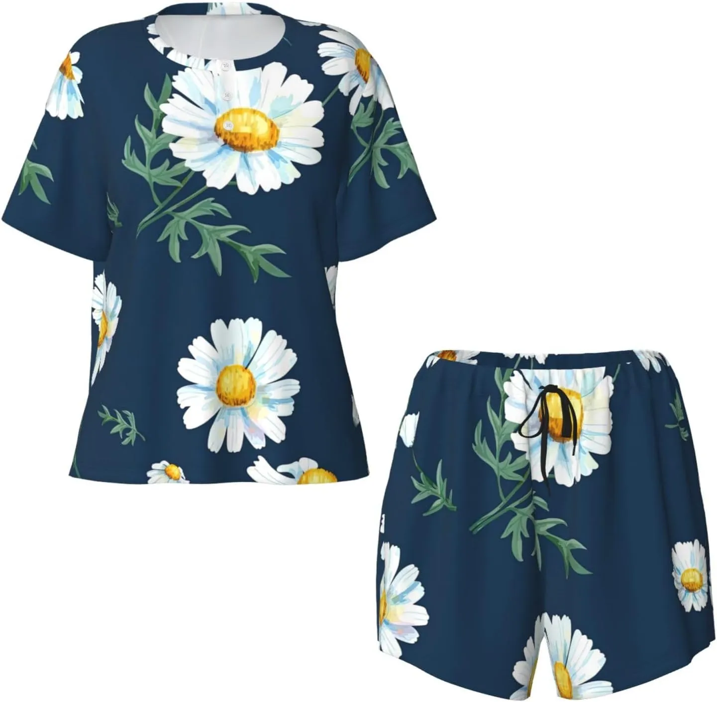 Women's Short-Sleeved Pajama Set - daisy' Print Button Down Loungewear, Breathable Sleepwear, Comfortable Casual Wear