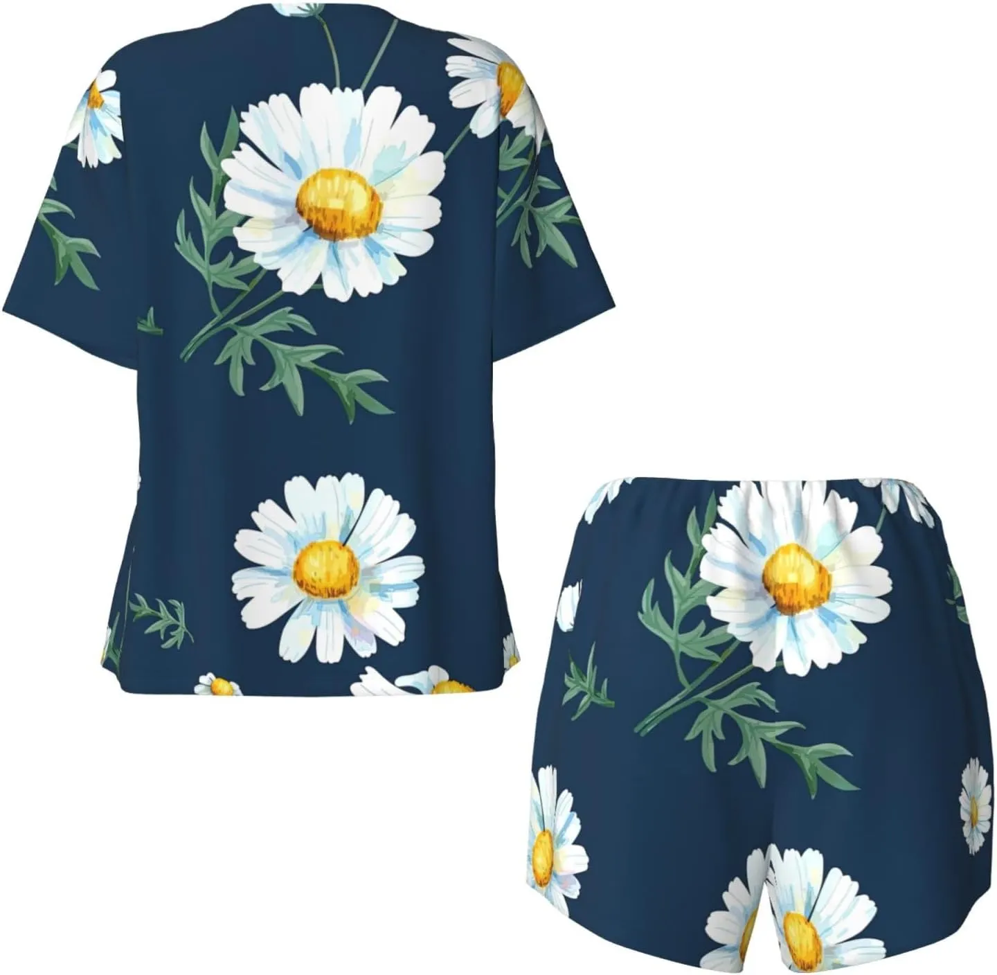 Women's Short-Sleeved Pajama Set - daisy' Print Button Down Loungewear, Breathable Sleepwear, Comfortable Casual Wear