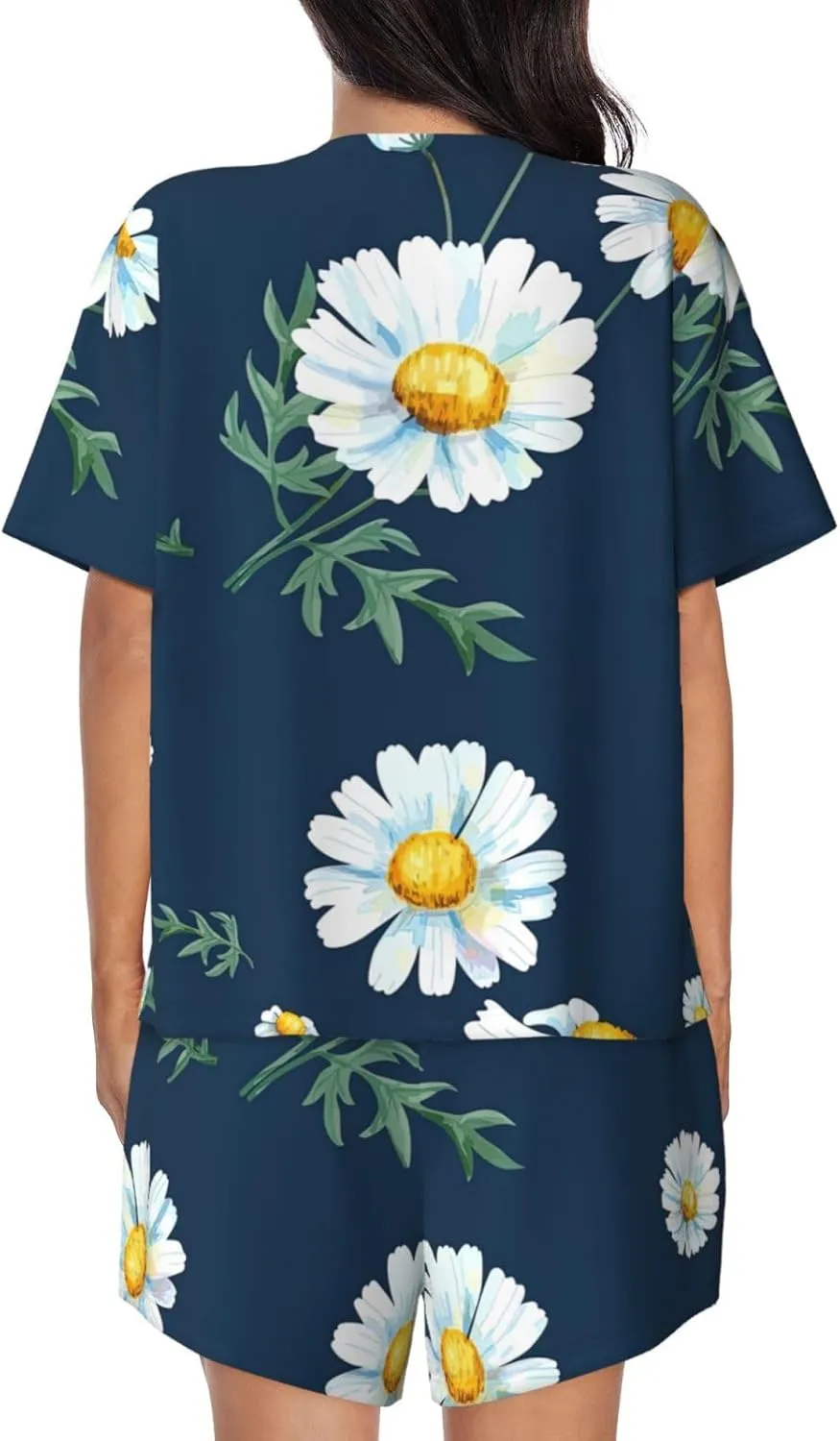 Women's Short-Sleeved Pajama Set - daisy' Print Button Down Loungewear, Breathable Sleepwear, Comfortable Casual Wear