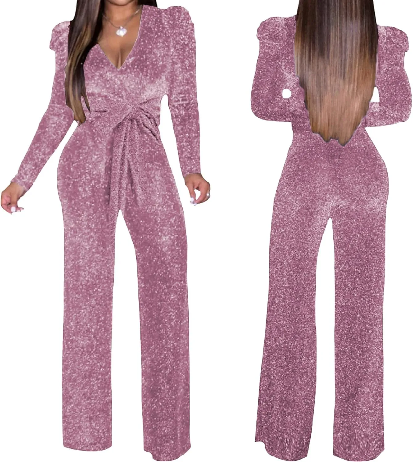 Women's Sparkly Jumpsuits Sexy Long Sleeve Cocktail Elegant Mock Neck Bodycon Straight Long Pants Rompers with Pockets