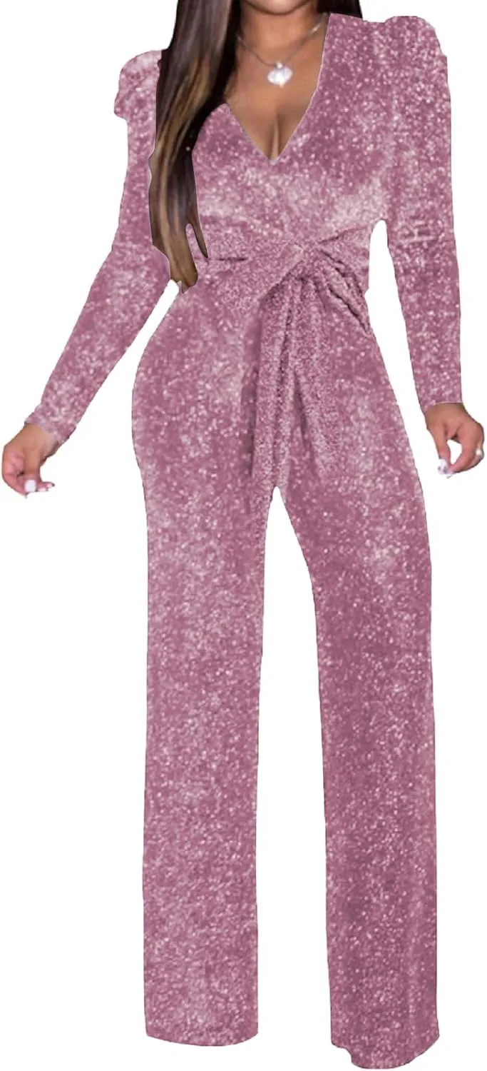 Women's Sparkly Jumpsuits Sexy Long Sleeve Cocktail Elegant Mock Neck Bodycon Straight Long Pants Rompers with Pockets