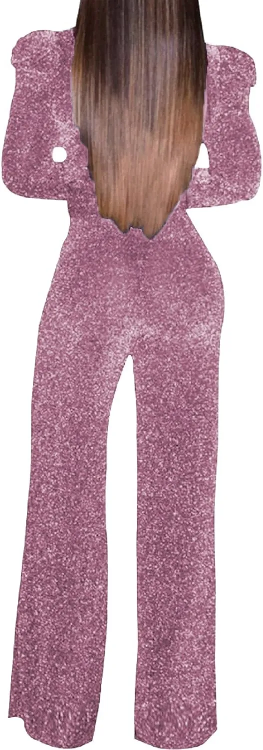 Women's Sparkly Jumpsuits Sexy Long Sleeve Cocktail Elegant Mock Neck Bodycon Straight Long Pants Rompers with Pockets