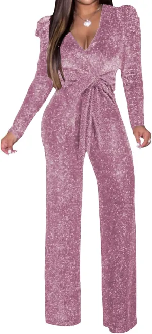 Women's Sparkly Jumpsuits Sexy Long Sleeve Cocktail Elegant Mock Neck Bodycon Straight Long Pants Rompers with Pockets