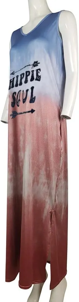 Women's Summer Maxi Dresses Casual Loose Sundress Sleeveless Tie Dye Print Dress Vintage Graphic Hippy Soul Tank Dress