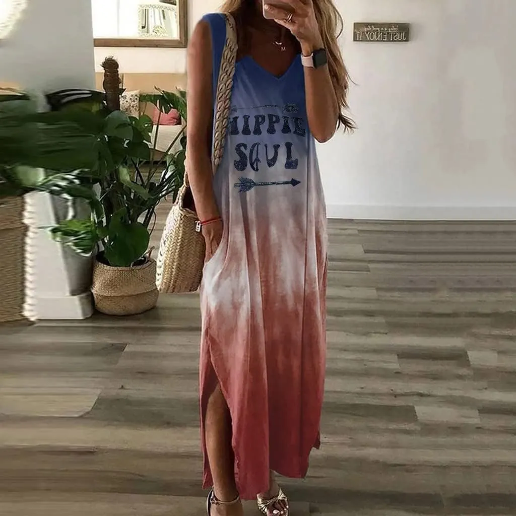 Women's Summer Maxi Dresses Casual Loose Sundress Sleeveless Tie Dye Print Dress Vintage Graphic Hippy Soul Tank Dress