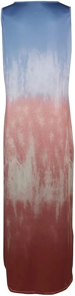 Women's Summer Maxi Dresses Casual Loose Sundress Sleeveless Tie Dye Print Dress Vintage Graphic Hippy Soul Tank Dress