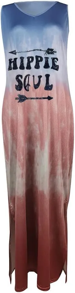 Women's Summer Maxi Dresses Casual Loose Sundress Sleeveless Tie Dye Print Dress Vintage Graphic Hippy Soul Tank Dress