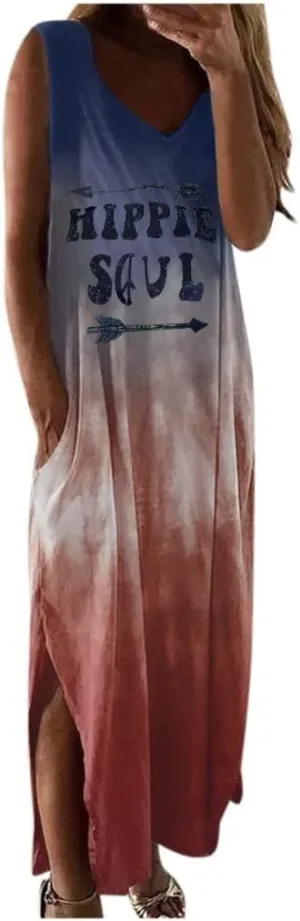 Women's Summer Maxi Dresses Casual Loose Sundress Sleeveless Tie Dye Print Dress Vintage Graphic Hippy Soul Tank Dress