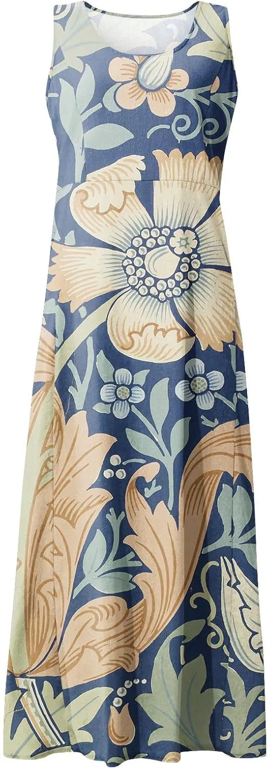 Women's Summer Sleeveless Cotton Tank Dress Casual Loose A-Line Midi Long Beach Dresses Sundress with Pockets
