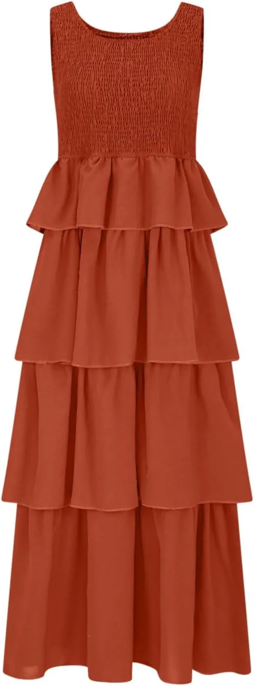 Women's Summer Sleeveless Maxi Sundress Swing Smocked Ruffle Flowy Tiered Wrap Dress Beach Travel Vacation Outfits