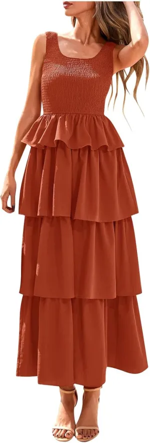 Women's Summer Sleeveless Maxi Sundress Swing Smocked Ruffle Flowy Tiered Wrap Dress Beach Travel Vacation Outfits
