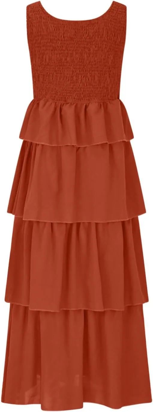 Women's Summer Sleeveless Maxi Sundress Swing Smocked Ruffle Flowy Tiered Wrap Dress Beach Travel Vacation Outfits