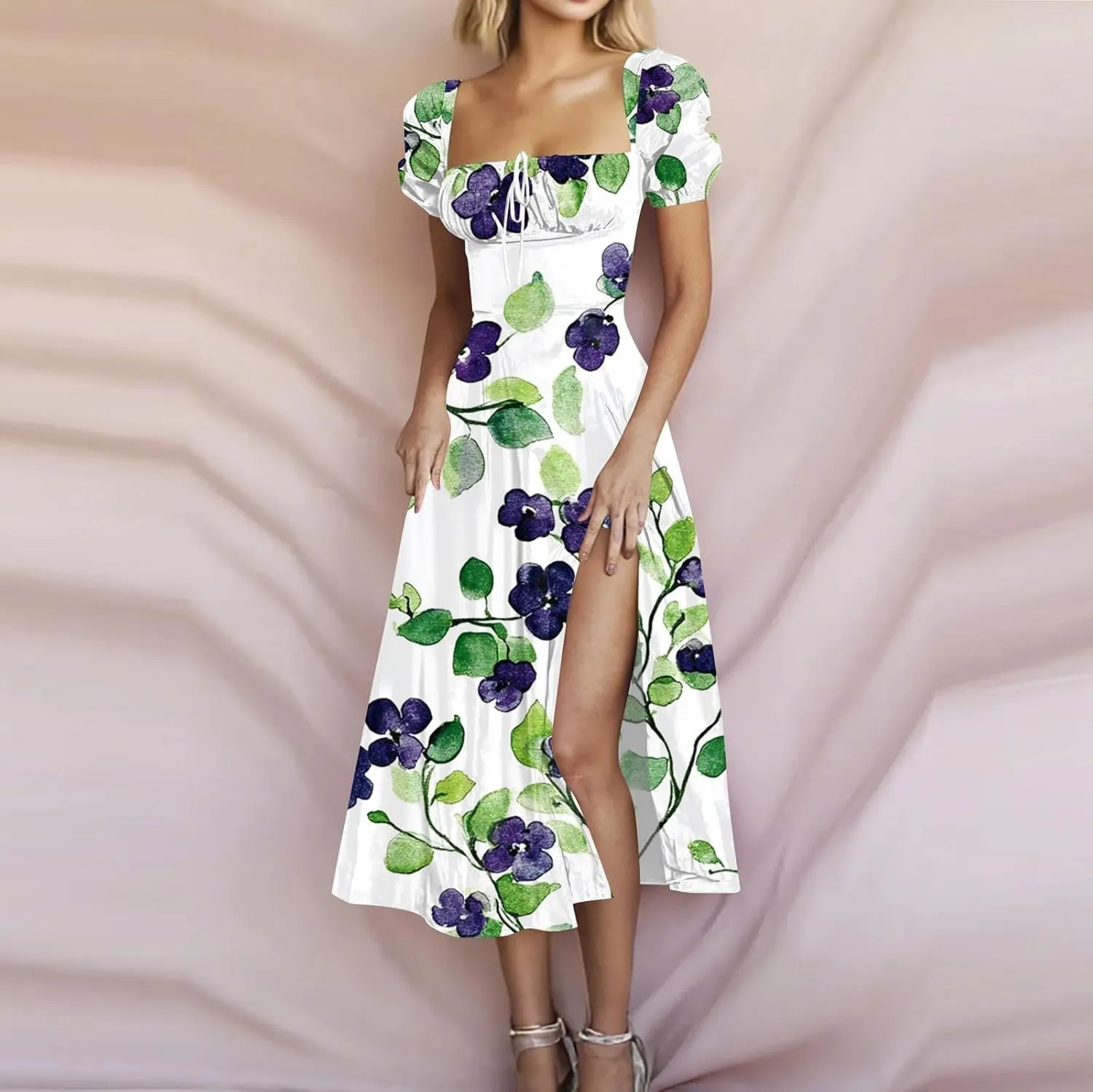 Womens Summer Square Neck Tie Front Sexy Midi Dress Floral Boho Ruffle Sleeve High Slit Flowy Vacation Tshirt Dress