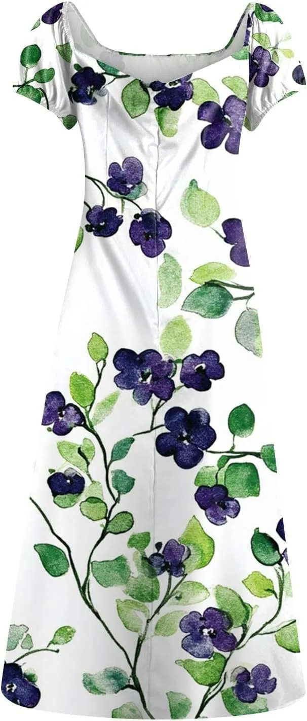 Womens Summer Square Neck Tie Front Sexy Midi Dress Floral Boho Ruffle Sleeve High Slit Flowy Vacation Tshirt Dress