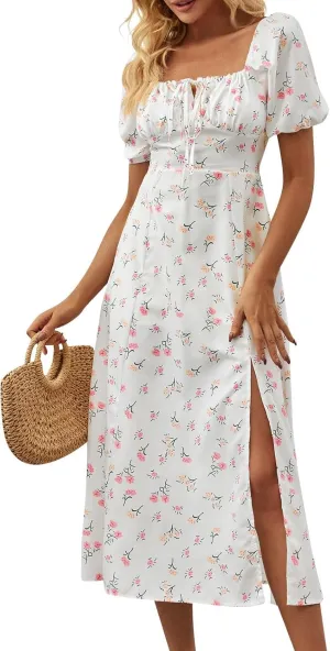 Womens Summer Square Neck Tie Front Sexy Midi Dress Floral Boho Ruffle Sleeve High Slit Flowy Vacation Tshirt Dress