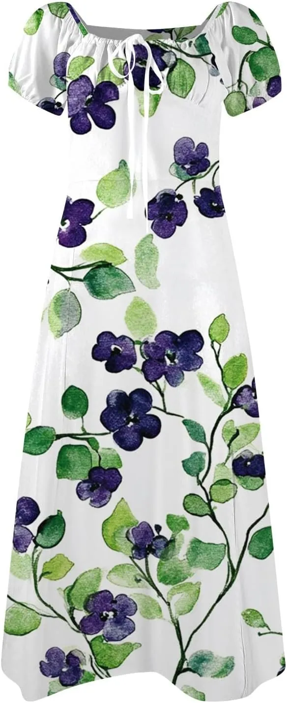 Womens Summer Square Neck Tie Front Sexy Midi Dress Floral Boho Ruffle Sleeve High Slit Flowy Vacation Tshirt Dress