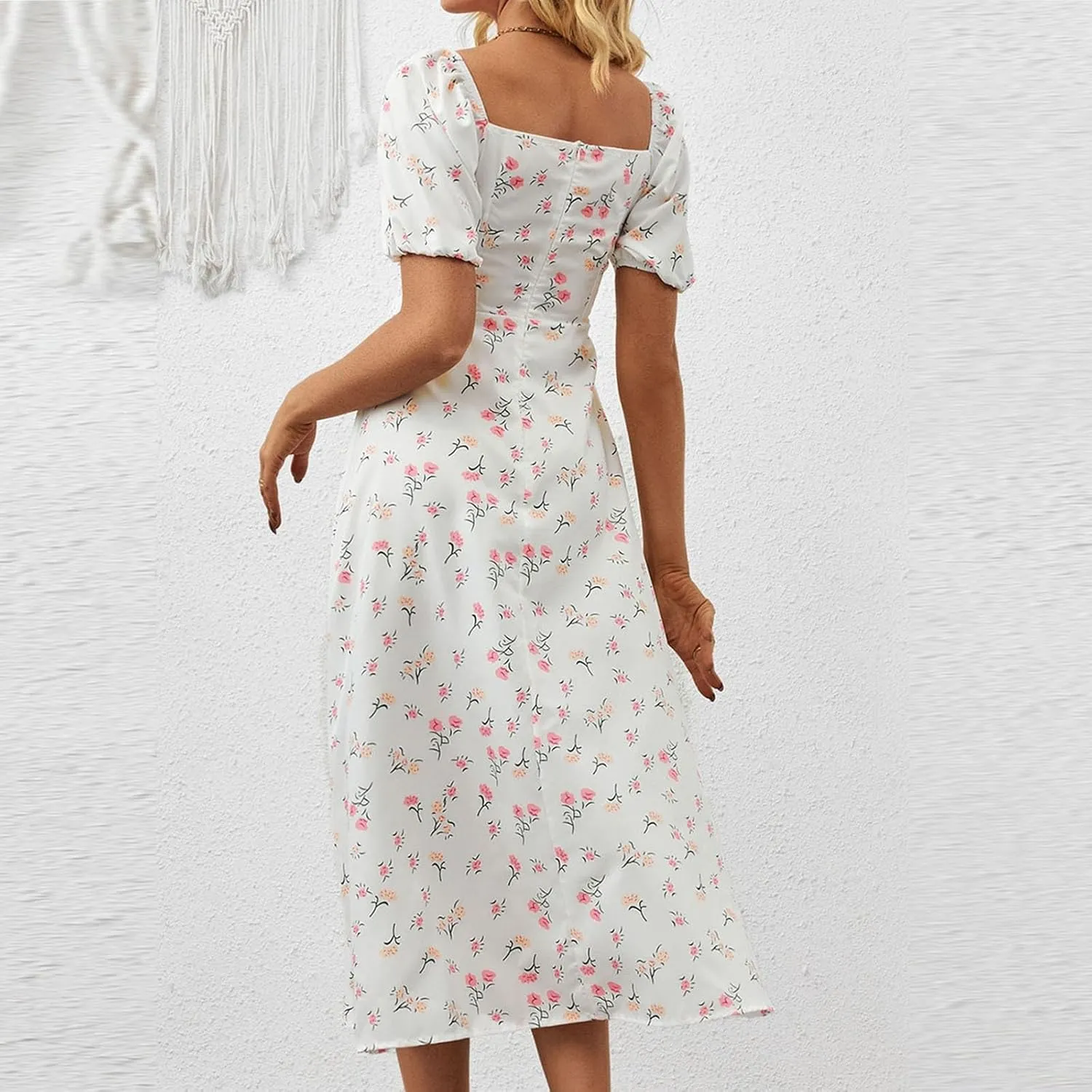 Womens Summer Square Neck Tie Front Sexy Midi Dress Floral Boho Ruffle Sleeve High Slit Flowy Vacation Tshirt Dress