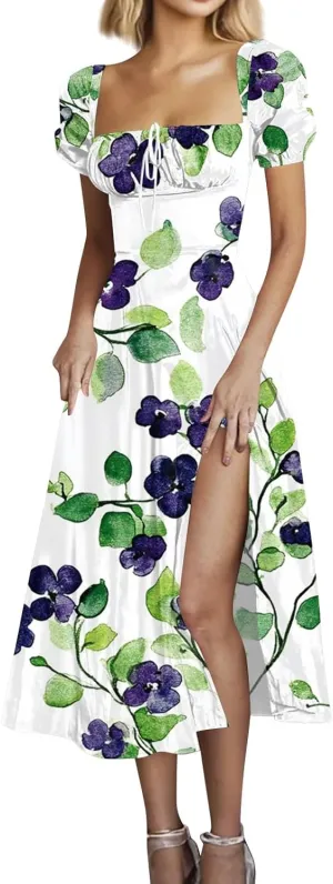 Womens Summer Square Neck Tie Front Sexy Midi Dress Floral Boho Ruffle Sleeve High Slit Flowy Vacation Tshirt Dress